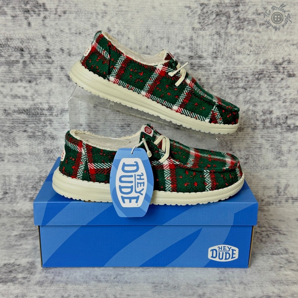 NIB Hey Dude Wendy Confetti Plaid Cozy Christmas Slip-On Shoe Red Green Size 8